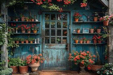 Rustic teal garden shed door surrounded by potted red flowers and gardening tools.
