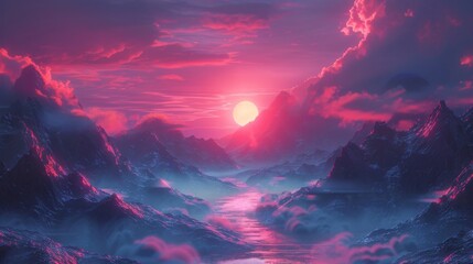A dreamlike landscape painting featuring duplicated elements such as two suns in the sky or multiple mountains blending into one another representing the idea of a duplicated - obrazy, fototapety, plakaty