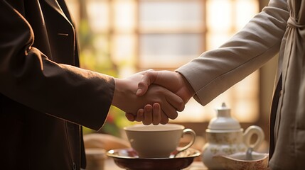 Two People Shake Hands Over Coffee