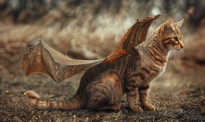 A hybrid animal who has a cat body with a tiger head wings photography - obrazy, fototapety, plakaty
