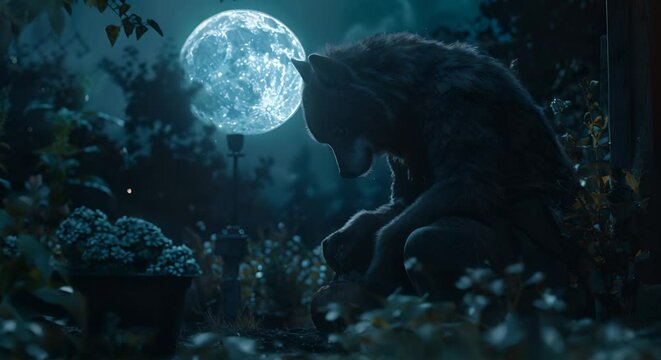 Werewolf gardening at night under a full moon