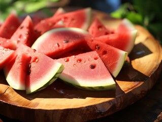 Slices of Watermelon on Wooden Plate