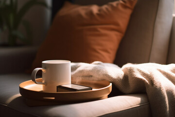 Fototapeta na wymiar close up wooden coffee cup on cozy sofa bed