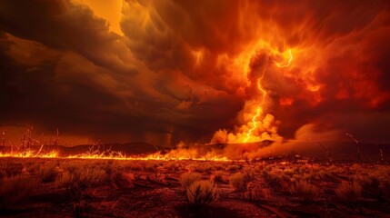 A lightning bolt strikes the ground igniting a raging wildfire that consumes everything in its path.