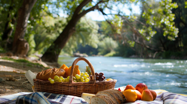 In the midst of a lazy afternoon by the river a picnic basket is packed with fresh fruits gourmet cheeses and artis bread.