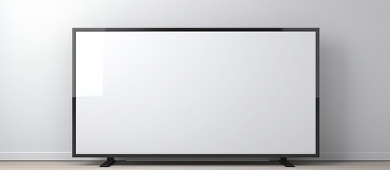 An electronic television with a blank white screen placed on a textured wooden floor, minimalistic and modern interior setup