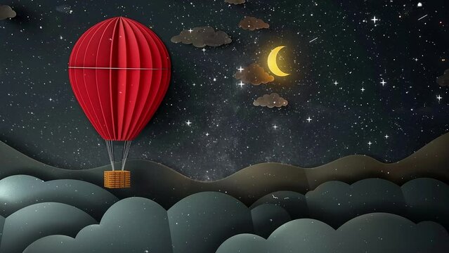 paper hot air balloon background on night sky. seamless looping overlay 4k virtual video animation background