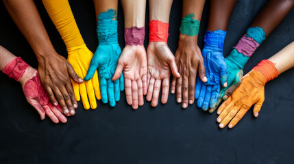 A group of people with their hands together in a circle, each with a different colored hand. Concept of unity and diversity, as the people come together despite their differences