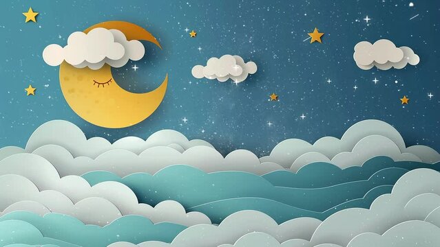 paper art with goodnight concept with cloud and star. seamless looping overlay 4k virtual video animation background
