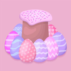 Easter cake with eggs. Happy Easter. Vector illustration.