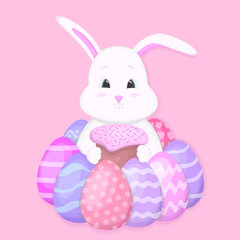 Bunny holds Easter cake around eggs. Happy Easter. Vector illustration