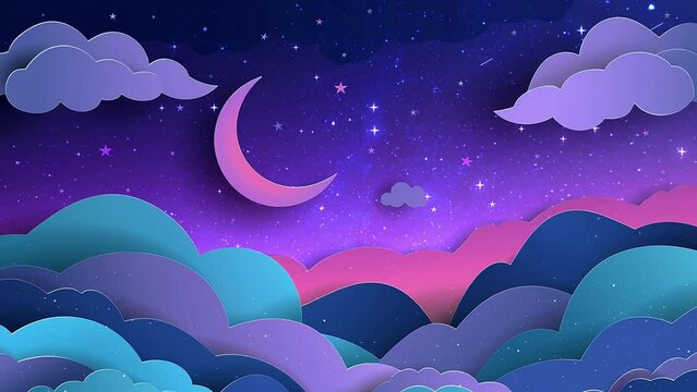 night sky in paper cut style- cut out 3d background. seamless looping overlay 4k virtual video animation background