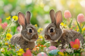 Fototapeta premium Realistic rabbits with Easter eggs in sunlight - Hyper-realistic image of two rabbits with Easter eggs in a sunlit setting, showcasing a vibrant and cheerful spring scene
