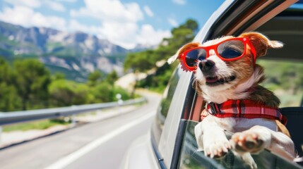 A dog is sitting in a car window with sunglasses on. - obrazy, fototapety, plakaty
