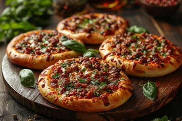 Fresh mini pizzas with basil on wooden board - A trio of delectable mini pizzas richly garnished with basil and toppings, great for culinary themes