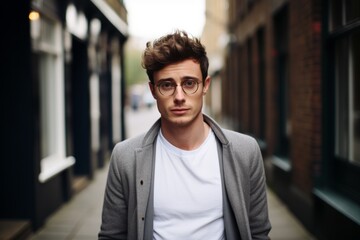 Portrait of handsome young man in eyeglasses standing outdoors.