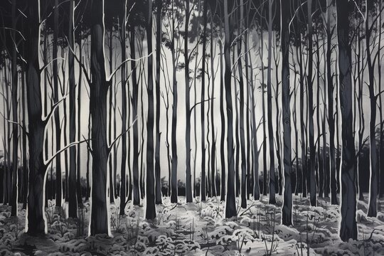 Monochrome forest with snow-covered ground - An atmospheric black and white depiction of a dense forest, with snow blanketing the ground and tree trunks