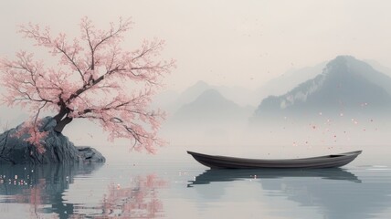 Serene oriental landscape with cherry blossoms - A tranquil scene captures the serenity of an oriental landscape adorned with blossoming cherry trees and a still boat