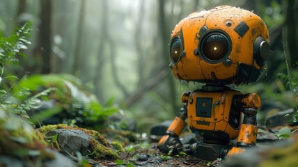 Fototapeta premium Orange robot in a misty forest setting - An isolated robot in a misty, lush forest, suggesting themes of technology, nature, and solitude