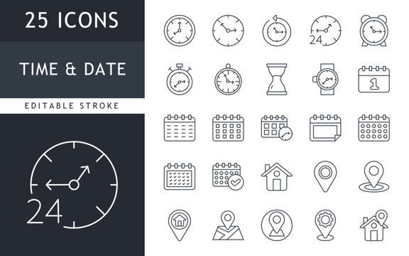Time, date and address concept editable stroke outline icons set isolated on white background. vector illustration. 
