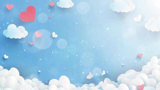 horizontal banner with paper cut clouds and flying on blue sky background. seamless looping overlay 4k virtual video animation background