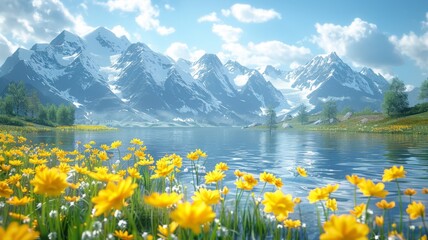 Fototapeta na wymiar Idyllic mountain landscape with yellow flowers - A serene landscape with majestic mountains, clear lake, and yellow flowers ideal for nature themes
