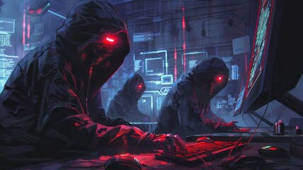 Hooded figures with red glowing eyes at computers - Three mysterious hackers with red visors actively typing in a dimly lit room full of digital screens and cyber data - obrazy, fototapety, plakaty