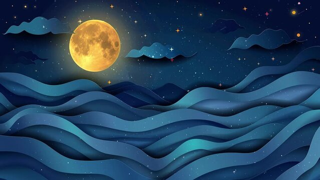 night sky with full moon and stars on abstract blue night background. seamless looping overlay 4k virtual video animation background
