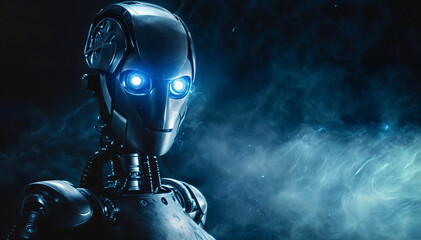 A robot with blue eyes and a silver body is standing in front of a blue background. The robot's eyes are glowing, giving it a futuristic and mysterious appearance