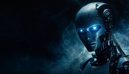 A robot with blue eyes and a silver head. The robot is surrounded by smoke. The robot is the main focus of the image