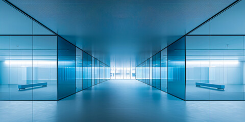 Modern office corridor with futuristic technology and blue lighting, embodying the essence of connectivity and data security