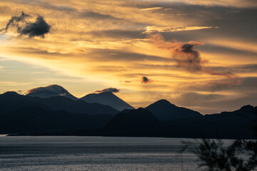 Active volcano Fuego in the morning, Lake Atitlan, Guatemala