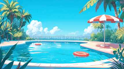 Hand drawn cartoon summer swimming pool scene illustration - obrazy, fototapety, plakaty