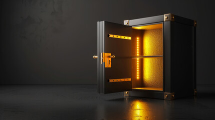 Black bank safe with open steel door and golden light inside, perspective view. Metal rectangular...