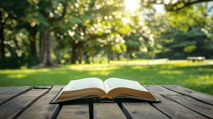 Open book on outdoor wooden table Stock Picture --ar 16:9 --style raw Job ID: b10544fd-4aaf-417e-b272-e197c514a5d0