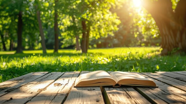Open book on outdoor wooden table Stock Picture --ar 16:9 --style raw Job ID: 69778fb8-cd75-49ef-908d-7a684a2f560d