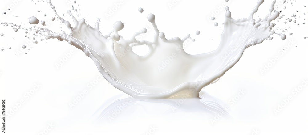 Poster a dynamic and artistic milk splash captured in motion, isolated on a clean and bright white backgrou