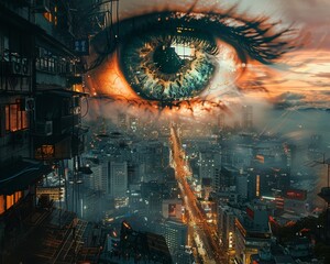 Within a city of floating islands, a gigantic floating eye observes the bustling streets below, its gaze full of mystery and wonder Surrealism, photography, Golden hour lighting,