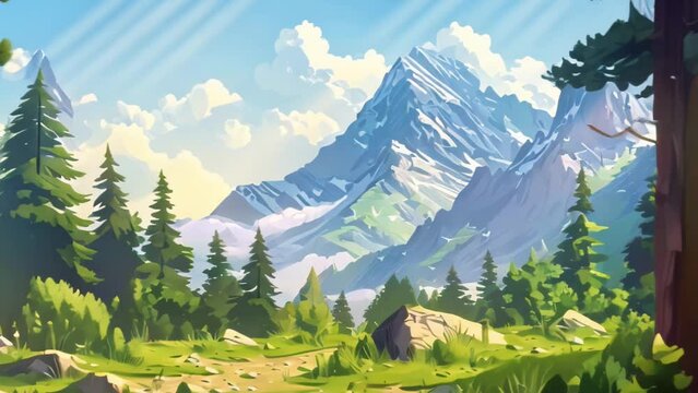 Cartoon natural landscape with mountains