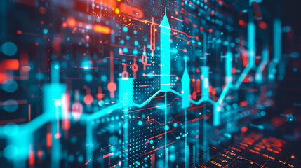 Futuristic raise arrow chart digital transformation abstract technology background. Big data and business growth currency stock and investment economy