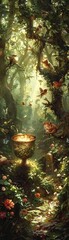 The mythical cup, nestled in an enchanted forest, surrounded by playful woodland creatures Sunlight filters through the canopy, casting a warm, magical aura around the cup It beckons those who seek en
