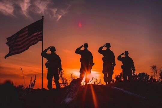 A powerful image of soldiers' silhouettes saluting at dawn or dusk, framed by the USA flag, commemorating significant American patriotic holidays