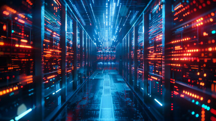 Futuristic Data center. Big Data analytics platform. Quantum processor in the global computer network