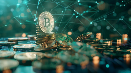 Bitcoins on a circuit board.digital currency trading financial. - obrazy, fototapety, plakaty