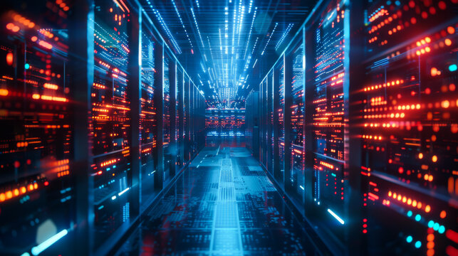 Futuristic Data center. Big Data analytics platform. Quantum processor in the global computer network