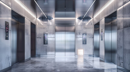 Metal elevator with closed, ajar and open lift doors in hallway. Realistic empty office lobby interior, hotel or waiting area with silver cabins, button panel and display on wall