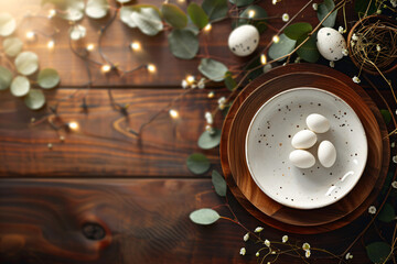 Spring table setting with flowers, branches and eggs. Empty white plate with decorations. Happy Easter holiday celebration concept for cafe or restaurant. Flat lay, top view - obrazy, fototapety, plakaty