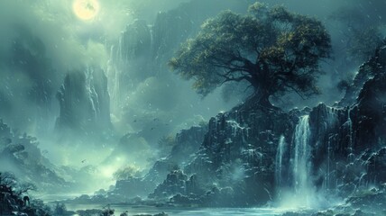 Fantasy Landscape with Tree and Waterfalls - Magical fantasy landscape depicts an ancient tree with waterfalls and a mystical atmosphere - obrazy, fototapety, plakaty