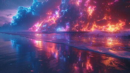 Naklejka premium Fiery cosmic ocean waves on alien planet - A vibrant illustration of cosmic ocean waves with a magnificent display of colors and fiery skies
