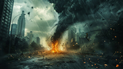 Tornado or hurricane's destruction along its path toward fictitious city with flying debris and collapsing structures. Concept of natural disasters, judgment day, apocalypse